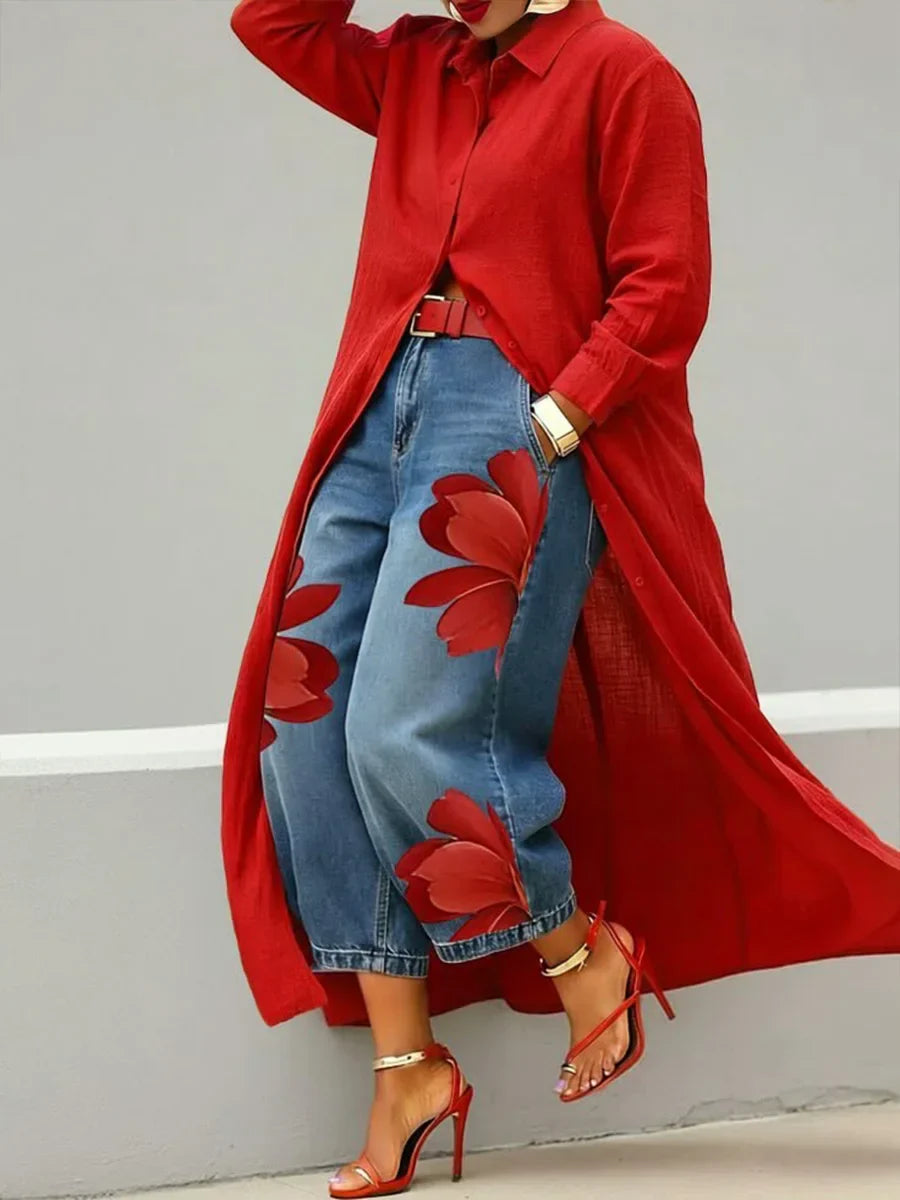 Ailinn Breathable Linen Shirt Dress & Floral Denim Set