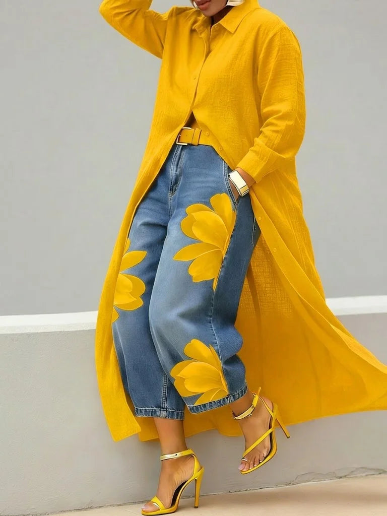 Ailinn Breathable Linen Shirt Dress & Floral Denim Set